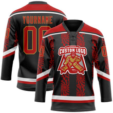 Laden Sie das Bild in den Galerie-Viewer, Uksn Individuelles Schwarz Rot Altgold-Weiß 3D-Muster abstrakte Formen Eishockey-Trikot mit Schnürkragen