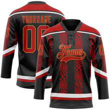 Laden Sie das Bild in den Galerie-Viewer, Uksn Individuelles Schwarz Rot Altgold-Weiß 3D-Muster abstrakte Formen Eishockey-Trikot mit Schnürkragen