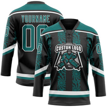 Laden Sie das Bild in den Galerie-Viewer, Uksn Individuelles Schwarz Petrol-Weiß 3D-Muster abstrakte Formen Eishockey-Trikot mit Schnürkragen