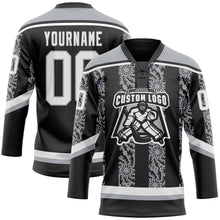 Laden Sie das Bild in den Galerie-Viewer, Uksn Individuelles Schwarz Weiß-Grau 3D-Muster abstrakte Formen Eishockey-Trikot mit Schnürkragen