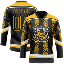 Laden Sie das Bild in den Galerie-Viewer, Uksn Individuelles Schwarz Gold-Weiß 3D-Muster abstrakte Formen Eishockey-Trikot mit Schnürkragen