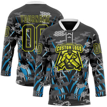 Laden Sie das Bild in den Galerie-Viewer, Uksn Individuelles Schwarz Neongelb Blau-Weiß 3D-Muster abstrakte Camouflage Eishockey-Trikot mit Schnürkragen