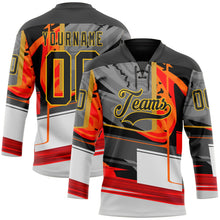 Laden Sie das Bild in den Galerie-Viewer, Uksn Individuelles Schwarz Rot-Gelb 3D-Muster abstrakt Eishockey-Trikot mit Schnürkragen