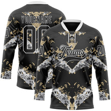 Laden Sie das Bild in den Galerie-Viewer, Uksn Individuelles Schwarz Vegas-Gold-Weiß 3D-Muster abstrakter Grunge Eishockey-Trikot mit Schnürkragen
