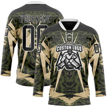 Laden Sie das Bild in den Galerie-Viewer, Uksn Individuelles Schwarz Oliv-Weiß 3D-Muster abstrakter Grunge Eishockey-Trikot mit Schnürkragen