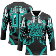 Laden Sie das Bild in den Galerie-Viewer, Uksn Individuelles Schwarz Aqua-Weiß 3D-Muster abstrakt Eishockey-Trikot mit Schnürkragen