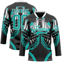 Laden Sie das Bild in den Galerie-Viewer, Uksn Individuelles Schwarz Aqua-Weiß 3D-Muster abstrakt Eishockey-Trikot mit Schnürkragen