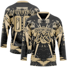 Laden Sie das Bild in den Galerie-Viewer, Uksn Individuelles Schwarz Vegas-Gold 3D-Muster abstrakter Grunge Eishockey-Trikot mit Schnürkragen