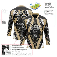 Laden Sie das Bild in den Galerie-Viewer, Uksn Individuelles Schwarz Vegas-Gold-Weiß 3D-Muster abstrakter Grunge Eishockey-Trikot mit Schnürkragen