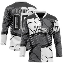Laden Sie das Bild in den Galerie-Viewer, Uksn Individuelles Schwarz Grau-Weiß 3D-Muster abstrakter Split Eishockey-Trikot mit Schnürkragen