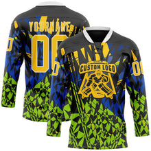 Laden Sie das Bild in den Galerie-Viewer, Uksn Individuelles Schwarz Gelb Blau-Grün 3D-Muster abstrakt Eishockey-Trikot mit Schnürkragen