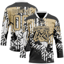Laden Sie das Bild in den Galerie-Viewer, Uksn Individuelles Schwarz Vegas-Gold-Weiß 3D-Muster abstrakter Grunge Eishockey-Trikot mit Schnürkragen