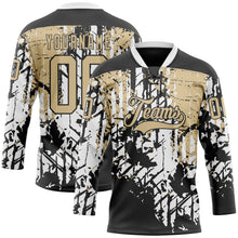 Laden Sie das Bild in den Galerie-Viewer, Uksn Individuelles Schwarz Vegas-Gold-Weiß 3D-Muster abstrakter Grunge Eishockey-Trikot mit Schnürkragen