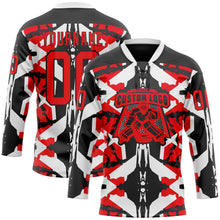 Laden Sie das Bild in den Galerie-Viewer, Uksn Individuelles Schwarz Feuerrot-Weiß 3D-Muster abstrakt Eishockey-Trikot mit Schnürkragen