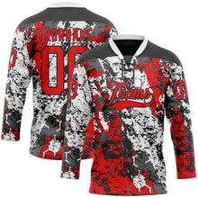 Laden Sie das Bild in den Galerie-Viewer, Uksn Individuelles Schwarz Feuerrot-Weiß 3D-Muster abstrakter Grunge Eishockey-Trikot mit Schnürkragen