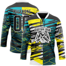 Laden Sie das Bild in den Galerie-Viewer, Uksn Individuelles Schwarz Grün-Gelb 3D-Muster abstrakter Split Eishockey-Trikot mit Schnürkragen