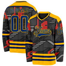 Laden Sie das Bild in den Galerie-Viewer, Uksn Individuelles Schwarz US Marineblau Grau Orange-Gold 3D-Muster Cyber-Mecha E-Sport Eishockey-Trikot