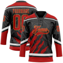 Laden Sie das Bild in den Galerie-Viewer, Uksn Individuelles Schwarz Rot Altgold-Weiß 3D-Splash-Art Eishockey-Trikot mit Schnürkragen