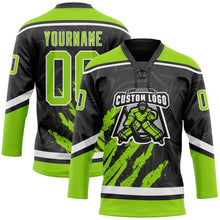 Laden Sie das Bild in den Galerie-Viewer, Uksn Individuelles Schwarz Neongrün-Weiß 3D-Splash-Art Eishockey-Trikot mit Schnürkragen
