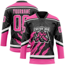 Laden Sie das Bild in den Galerie-Viewer, Uksn Individuelles Schwarz Pink-Weiß 3D-Splash-Art Eishockey-Trikot mit Schnürkragen