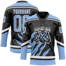 Laden Sie das Bild in den Galerie-Viewer, Uksn Individuelles Schwarz Hellblau-Weiß 3D-Splash-Art Eishockey-Trikot mit Schnürkragen