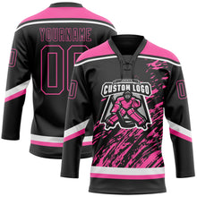 Laden Sie das Bild in den Galerie-Viewer, Uksn Individuelles Schwarz Pink-Weiß 3D-Splash-Art Eishockey-Trikot mit Schnürkragen