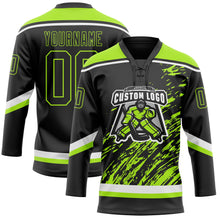 Laden Sie das Bild in den Galerie-Viewer, Uksn Individuelles Schwarz Neongrün-Weiß 3D-Splash-Art Eishockey-Trikot mit Schnürkragen