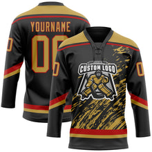 Laden Sie das Bild in den Galerie-Viewer, Uksn Individuelles Schwarz Altgold Rot-Weiß 3D-Splash-Art Eishockey-Trikot mit Schnürkragen