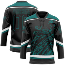 Laden Sie das Bild in den Galerie-Viewer, Uksn Individuelles Schwarz Petrol-Weiß 3D-Splash-Art Eishockey-Trikot mit Schnürkragen