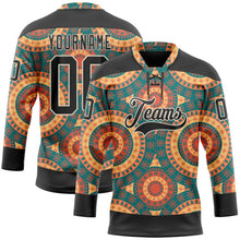 Laden Sie das Bild in den Galerie-Viewer, Uksn Individuelles Schwarz Grün Orange-Creme 3D-Muster Indianerstämme der Ureinwohner Nordamerikas Eishockey-Trikot mit Schnürkragen