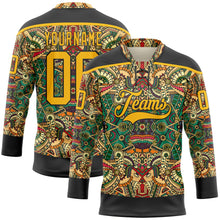 Laden Sie das Bild in den Galerie-Viewer, Uksn Individuelles Schwarz Gold 3D-Muster Indianerstämme der Ureinwohner Nordamerikas Eishockey-Trikot mit Schnürkragen
