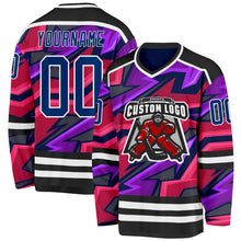 Laden Sie das Bild in den Galerie-Viewer, Uksn Individuelles Schwarz US Marineblau Violett Pink-Weiß 3D-Muster Cyber-Mecha E-Sport Eishockey-Trikot