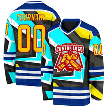 Laden Sie das Bild in den Galerie-Viewer, Uksn Individuelles Schwarz Gelb Blau Royalblau Rot-Weiß 3D-Muster Cyber-Mecha E-Sport Eishockey-Trikot