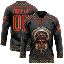 Laden Sie das Bild in den Galerie-Viewer, Uksn Individuelles Schwarz Rot-Altgold 3D-Muster Indianerstämme der Ureinwohner Nordamerikas Eishockey-Trikot mit Schnürkragen