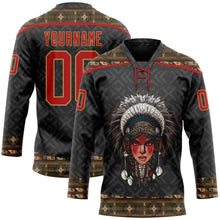 Laden Sie das Bild in den Galerie-Viewer, Uksn Individuelles Schwarz Rot-Altgold 3D-Muster Indianerstämme der Ureinwohner Nordamerikas Eishockey-Trikot mit Schnürkragen