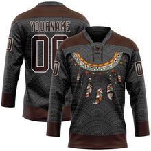 Laden Sie das Bild in den Galerie-Viewer, Uksn Individuelles Schwarz Braun-Weiß 3D-Muster Indianerstämme der Ureinwohner Nordamerikas Eishockey-Trikot mit Schnürkragen