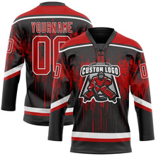 Laden Sie das Bild in den Galerie-Viewer, Uksn Individuelles Schwarz Rot Stahlgrau-Weiß 3D-Muster tropfende Farbkleckse Eishockey-Trikot mit Schnürkragen
