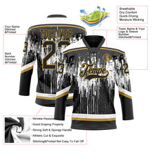 Laden Sie das Bild in den Galerie-Viewer, Uksn Individuelles Schwarz Altgold Stahlgrau-Weiß 3D-Muster tropfende Farbkleckse Eishockey-Trikot mit Schnürkragen