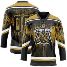 Laden Sie das Bild in den Galerie-Viewer, Uksn Individuelles Schwarz Altgold Stahlgrau-Weiß 3D-Muster tropfende Farbkleckse Eishockey-Trikot mit Schnürkragen