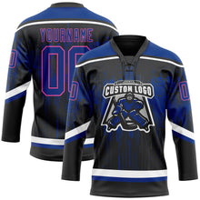 Laden Sie das Bild in den Galerie-Viewer, Uksn Individuelles Schwarz Royalblau Pink Stahlgrau-Weiß 3D-Muster tropfende Farbkleckse Eishockey-Trikot mit Schnürkragen