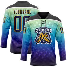 Laden Sie das Bild in den Galerie-Viewer, Uksn Individuelles Schwarz Marineblau Gold-Weiß 3D-Muster abstrakter Verlauf Rasterton Eishockey-Trikot mit Schnürkragen