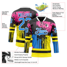 Laden Sie das Bild in den Galerie-Viewer, Uksn Individuelles Schwarz Puderblau Pink Gelb-Weiß 3D-Muster abstrakte Farbkleckse Eishockey-Trikot mit Schnürkragen