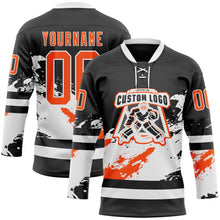 Laden Sie das Bild in den Galerie-Viewer, Uksn Individuelles Schwarz Orange-Weiß 3D-Muster abstrakte Farbkleckse Eishockey-Trikot mit Schnürkragen