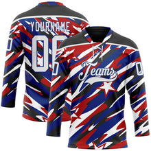 Laden Sie das Bild in den Galerie-Viewer, Uksn Individuelles Schwarz Weiß Rot-Royalblau Amerikanische Flagge Eishockey-Trikot mit Schnürkragen