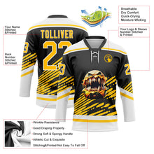 Laden Sie das Bild in den Galerie-Viewer, Uksn Individuelles Schwarz Gelb-Weiß 3D-Muster Design Foodie Funny Hamburger Eishockey-Trikot mit Schnürkragen