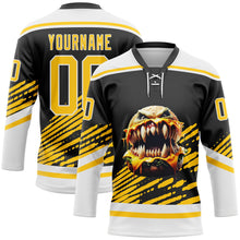 Laden Sie das Bild in den Galerie-Viewer, Uksn Individuelles Schwarz Gelb-Weiß 3D-Muster Design Foodie Funny Hamburger Eishockey-Trikot mit Schnürkragen