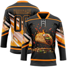 Laden Sie das Bild in den Galerie-Viewer, Uksn Individuelles Schwarz Bay Orange-Weiß 3D-Muster Design Foodie Funny Tacos Eishockey-Trikot mit Schnürkragen
