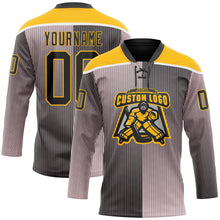 Laden Sie das Bild in den Galerie-Viewer, Uksn Individuelles Schwarz Pink Gold-Weiß 3D-Muster Design-Streifen Verlauf Eishockey-Trikot mit Schnürkragen