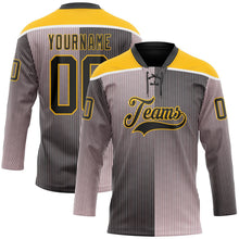 Laden Sie das Bild in den Galerie-Viewer, Uksn Individuelles Schwarz Pink Gold-Weiß 3D-Muster Design-Streifen Verlauf Eishockey-Trikot mit Schnürkragen