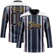 Laden Sie das Bild in den Galerie-Viewer, Uksn Individuelles Schwarz Marineblau Rot Gold-Weiß 3D-Muster Design-Streifen Eishockey-Trikot mit Schnürkragen